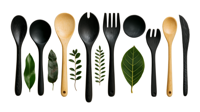 Kitchen Utensils and Botanical Elements on Transparent Background