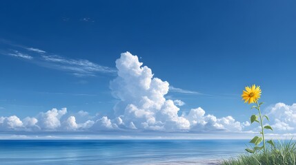 Fototapeta premium Lone Sunflower by the Sea Under Blue Sky – Peaceful Coastal Landscape with Bright Yellow Flower and Fluffy Clouds for Nature and Wellness Themes