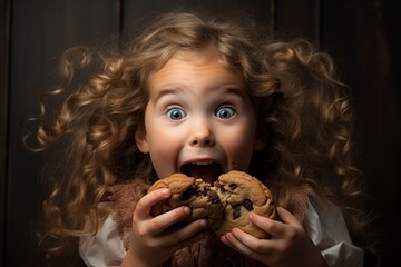 Naklejka premium Curly haired little girl with wide eyes is happily eating a chocolate chip cookie with surprised expression