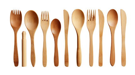 Wooden Cutlery Set on Transparent Background