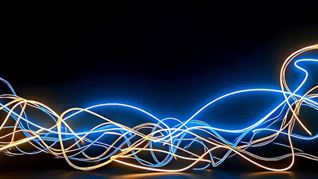 Engage with the stunning contrast of a Glowing abstract Border Frame with curved neon tendrils, where vibrant yellows weave through deep blues, crafting a tapestry of light that ebbs and