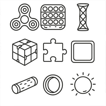 Glow Fidget Icon Collection. Line style icons of Glow-in-Dark Fidgets: glow spinner, glow Pop-It, glow mesh tube, glow infinity