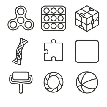 Glow Fidget Icon Collection. Line style icons of Glow-in-Dark Fidgets: glow spinner, glow Pop-It, glow mesh tube, glow infinity