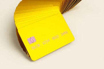 Many gold credit cards on white background. 3d rendering illustration