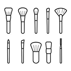 Makeup Brush Icons. Line style icons of Makeup Brush Set: foundation brush, blush brush, eyeshadow brush, concealer brush, fan