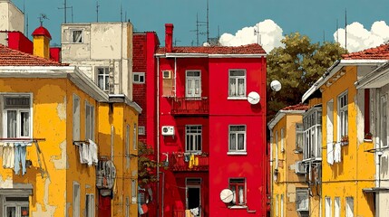 Urban architecture featuring multi-story buildings in warm tones of red and yellow --chaos 100 
