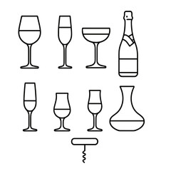 Wine and Sparkling Icons. Line style icons of Wine & Sparkling: red wine glass, white wine flute, rosé coupe, champagne bottle,