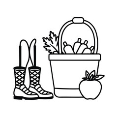 Basket of fresh vegetables placed beside garden boots Vector illustration