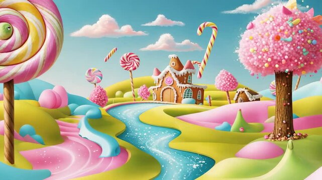 Opening on static candyland, featuring winding blue candy river, swirl lollipops, gingerbread house