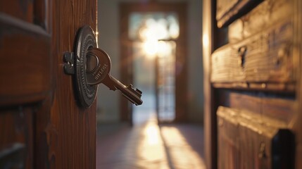 Obraz premium Closeup view of open door with key in room