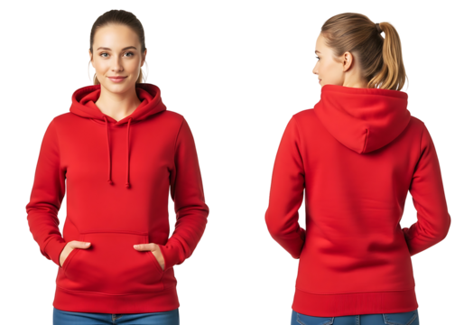 Woman in Red Hoodie Front and Back View on Transparent Background