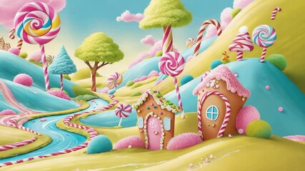 Opening on candy land, camera panning right revealing gingerbread cottages, with candy-cane trees - Powered by Adobe