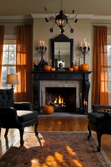 Halloween Home Interior Decor with Carved Pumpkins