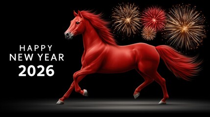 Vibrant red horse galloping against a dark background, surrounded by colorful fireworks, celebrating the arrival of the New Year 2026 with festive energy and excitement