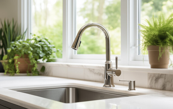 Photo of a modern kitchen sink with a marble countertop