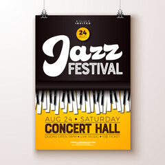Jazz Festival Event Flyer Design with Piano Keyboard and Typography Lettering on Yellow Background. Vector Musical Season Holiday Poster Illustration Template for Web Banner, Celebration Flyer