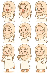 Fototapeta premium Chibi Sticker Set – Hijabi Girl with Emotional Expressions in Beige Outfit