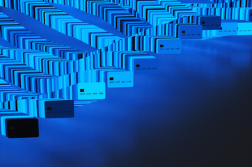 Close up of many blue credit cards on black background. 3d rendering illustration
