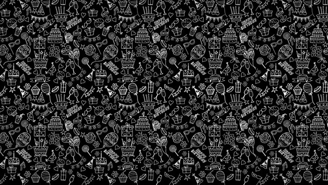 Seamless black and white background pattern featuring birthday themed doodles like cakes balloons and gifts