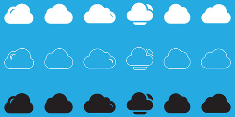 Cloud icon vector set. Flat cloud shapes. White cloud vector illustration. Fluffy white cartoon clouds in blue sky. Abstract white cloudy set collection