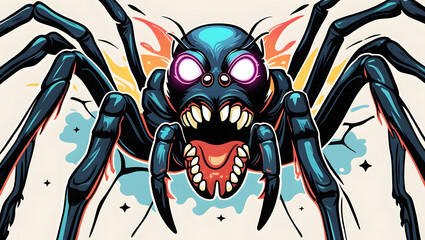 scary spider illustration with mystical energy. Designed in psychedelic cartoon sticker style with thick black lines,