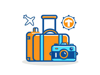 Fototapeta premium a simple flat 2d icon of a 'tourism economy', with a simple suitcase, a camera, and an airplane icon grouped together, minimalist design, solid orange and blue colors, clean sharp lines, no shadows