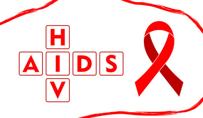 AIDS awareness banner with red ribbon and typography, health care concept with HIV prevention and support symbols