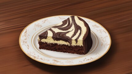 A detailed image of a virtual marble cake slice, with swirls of chocolate and vanilla, resting on a plate.
