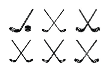 Hockey Stick and Puck Silhouette Vector Set &ndash; Crossed Hockey Sticks Icons Collection for Sports Design and Logos
