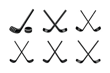 Hockey Stick and Puck Silhouette Vector Set – Crossed Hockey Sticks Icons Collection for Sports Design and Logos