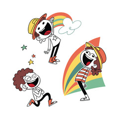 Three Cartoon Characters in Casual Outfits with Caps and Overalls – Playful Hand-Drawn Poses Illustration