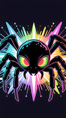 scary spider illustration with mystical energy. Designed in psychedelic cartoon sticker style with thick black lines,