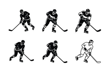Ice Hockey Player Silhouette Vector Set &ndash; Sport Action Poses of Skating and Stick Handling Athletes Illustration Collection
