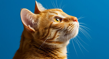 Close up profile of an orange tabby cat looking upwards with bright yellow eyes against a blue background