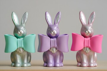Easter bunny decorations pastel colors cute spring holiday decor rabbit figurines with bows