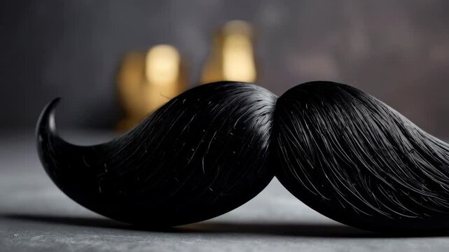 Close-up studio shot featuring a classic black handlebar mustache against a neutral background with blurred golden objects, studio lighting.
