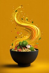 Bowl of ramen with exploding flavor on orange background