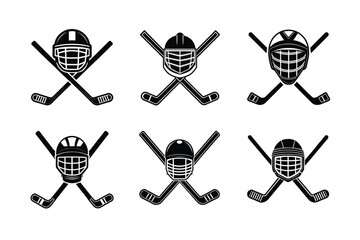 Hockey Helmet and Crossed Sticks Vector Icon Set &ndash; Ice Hockey Goalie Mask and Stick Silhouettes for Sports Design