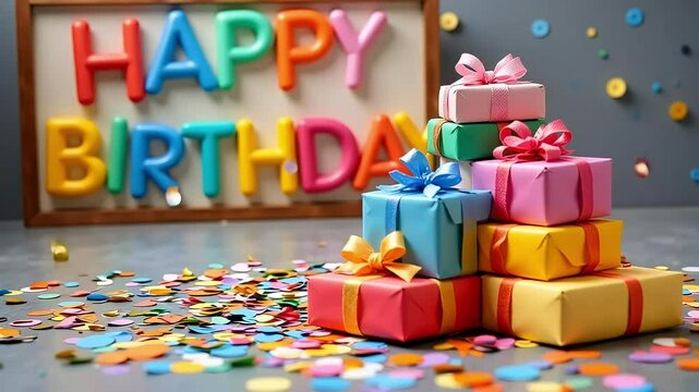 A colorful birthday celebration features presents, confetti, and festive decorations for a special holiday moment.