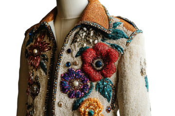 Exquisite Couture Handcrafted Beaded Jacket with Floral Embellishments and Luxurious Gemstone