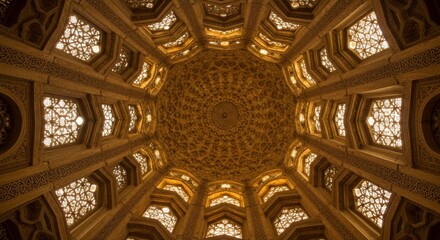 Photograph of an architectural dome ceiling showcasing carved Islamic geometric patterns in sandstone
