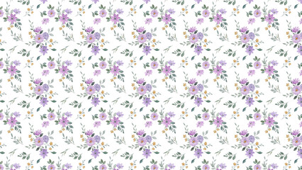 Repeating pattern of light purple flowers and green leaves on a white background watercolor style