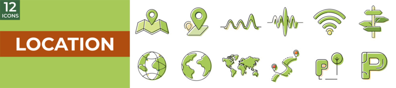 Location icons set in green and white for navigation and maps  