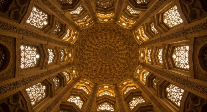 Photograph of an architectural dome ceiling showcasing carved Islamic geometric patterns in sandstone