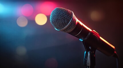 Obraz premium Close-up of professional stage microphone illuminated by dramatic colorful lights and spotlight in dark atmospheric background, capturing concert, performance, and audio recording ambiance