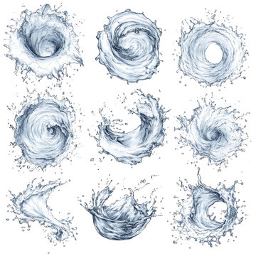 Swirling water tornadoes in various stages of format isolated on transparent background.