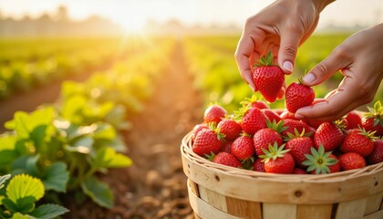 Close-up of sunlit hands carefully picking ripe strawberries
