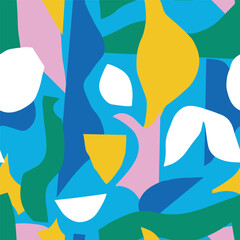 Seamless abstract pattern with colorful organic cutout shapes. Modern collage style background. Perfect for fabric, wallpaper, wrapping paper, stationery, branding, and digital design