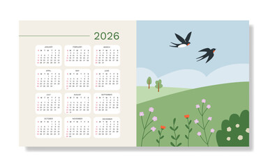 Wall Horizontal Calendar 2026 with hand drawn illustration. One sheet of year. Week start from Sunday