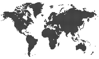 Big dotted world map paintings with pixel factors illustrating worldwide regions and summary territories. Best for background visuals, geography, and infographic templates.